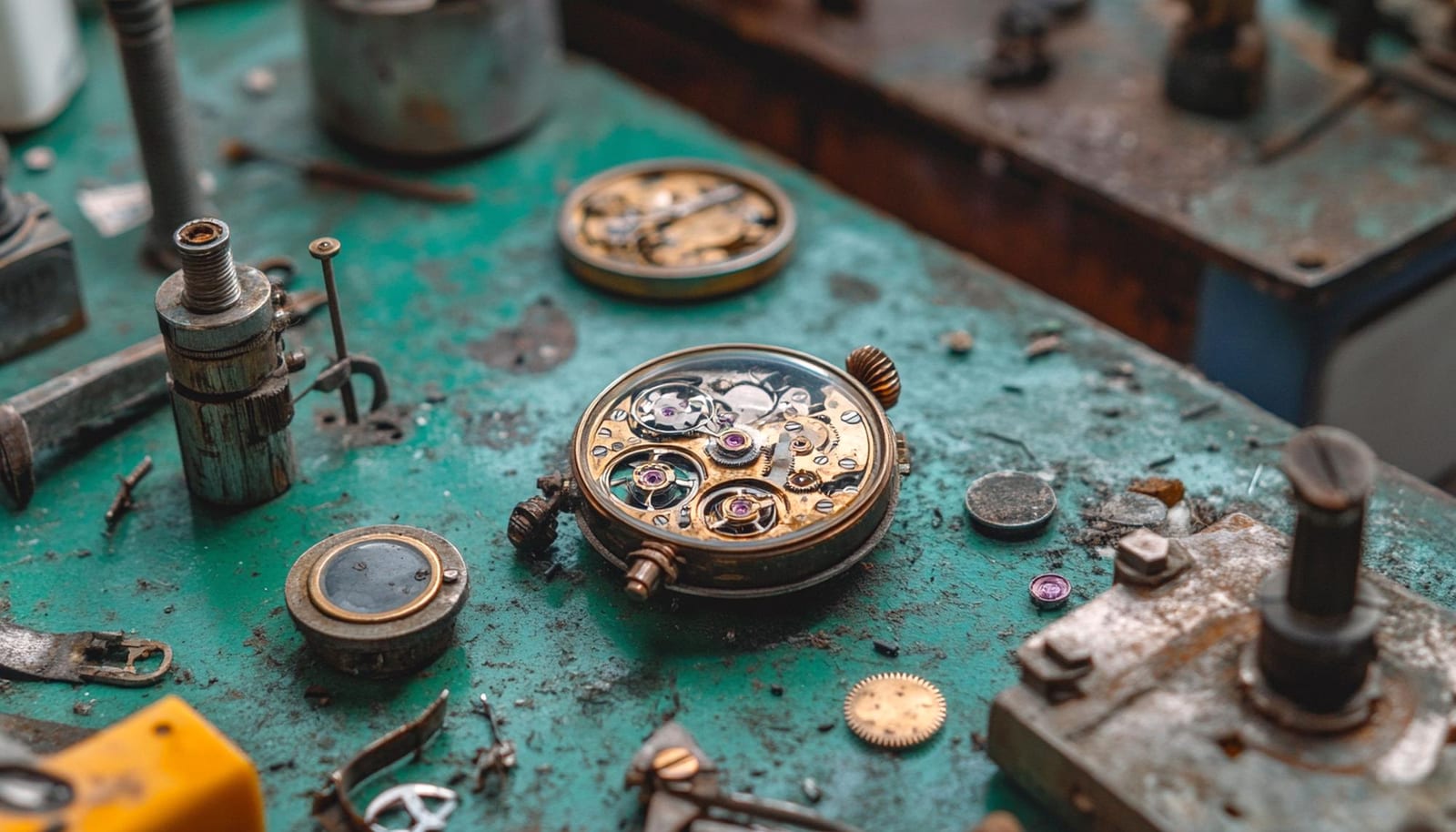 Movimento di un vecchio orologio da tasca aperto su un piano da lavoro verde, circondato da utensili e componenti
