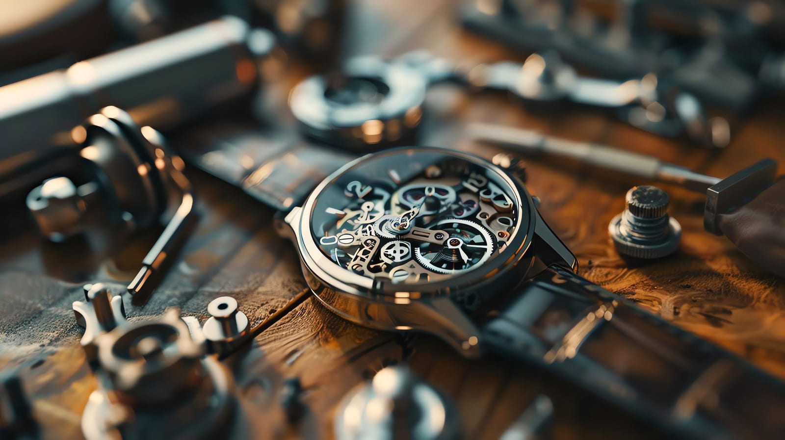 Orologio con quadrante scheletrato appoggiato su un banco di legno tra cacciaviti e componenti di ricambio